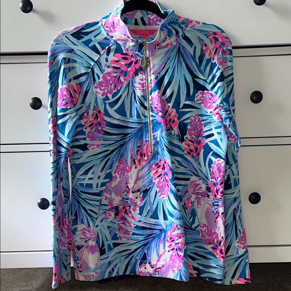 LILLY PULITZER 50+ SPF Skipper Popover Mr Blue Peacock Tweethearts Half Zip S